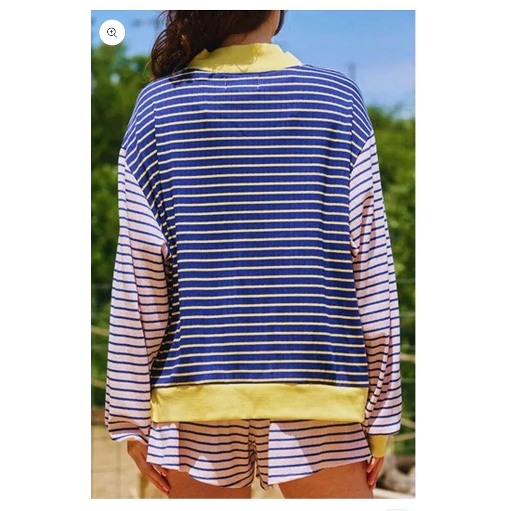 Striped Colorblock Waffle Knit Set Mock Neck Top and Shorts Medium - Picture 2 of 5